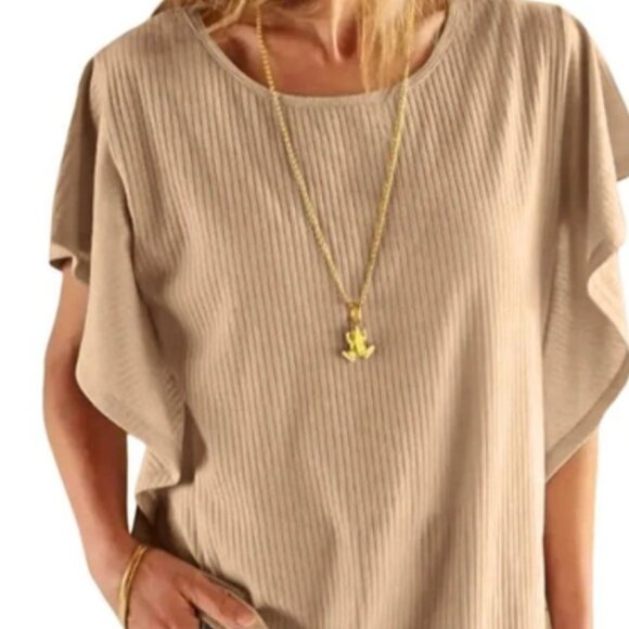 ✨ New Ribbed Flutter Sleeve Top – Beige, Size Medium ✨ - Picture 4 of 4